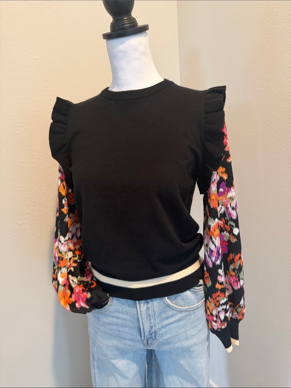THML Black Sweater with Floral Balloon Sleeves